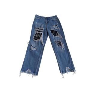 Trendy‎ Distressed Denim Jeans with Mesh Inserts - Medium